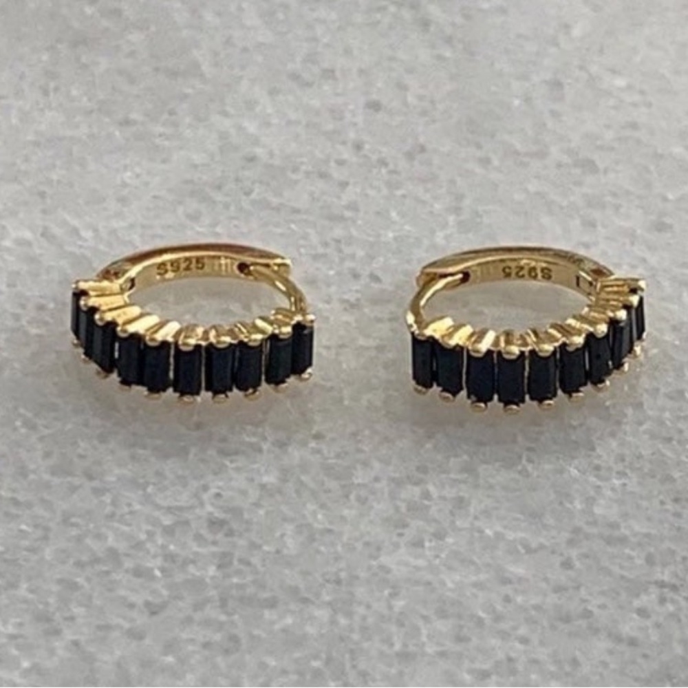 18K Gold Thick Black Crystal Huggie Hoop Earrings 

Brand New